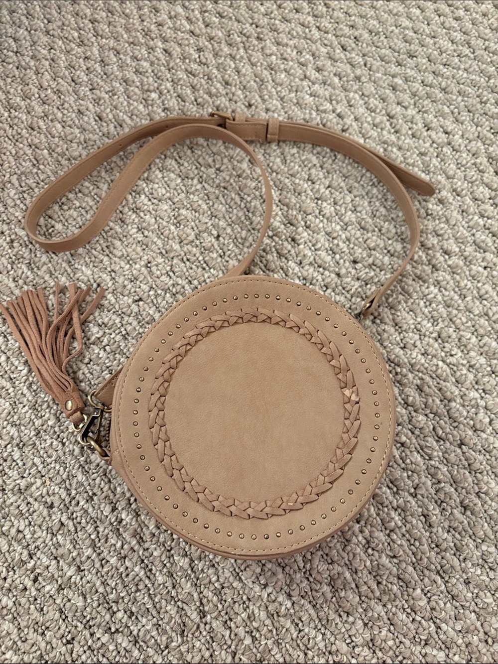 Tan Braided Round Crossbody Bag with Tassel Accent